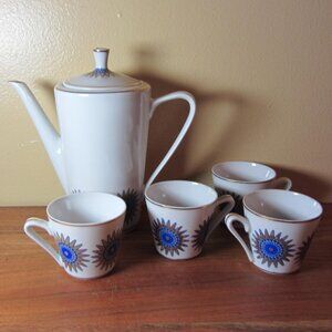 20 oz blue MCM vintage hollohaza hungary starburst teapot teacups (W4576)